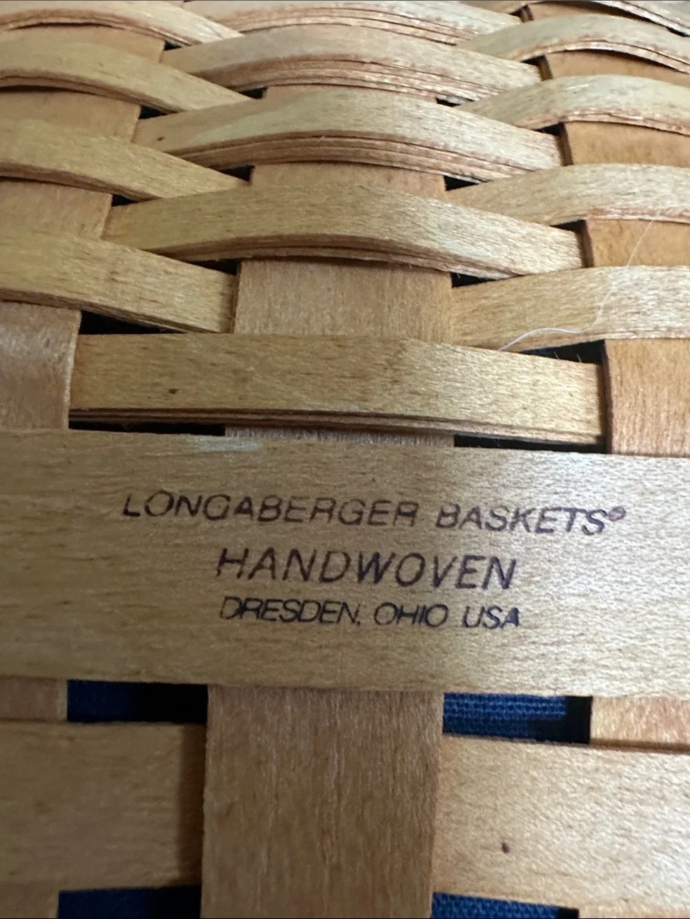 Longaberger blue plaid Lined Woven Basket with Natural Wood Handle